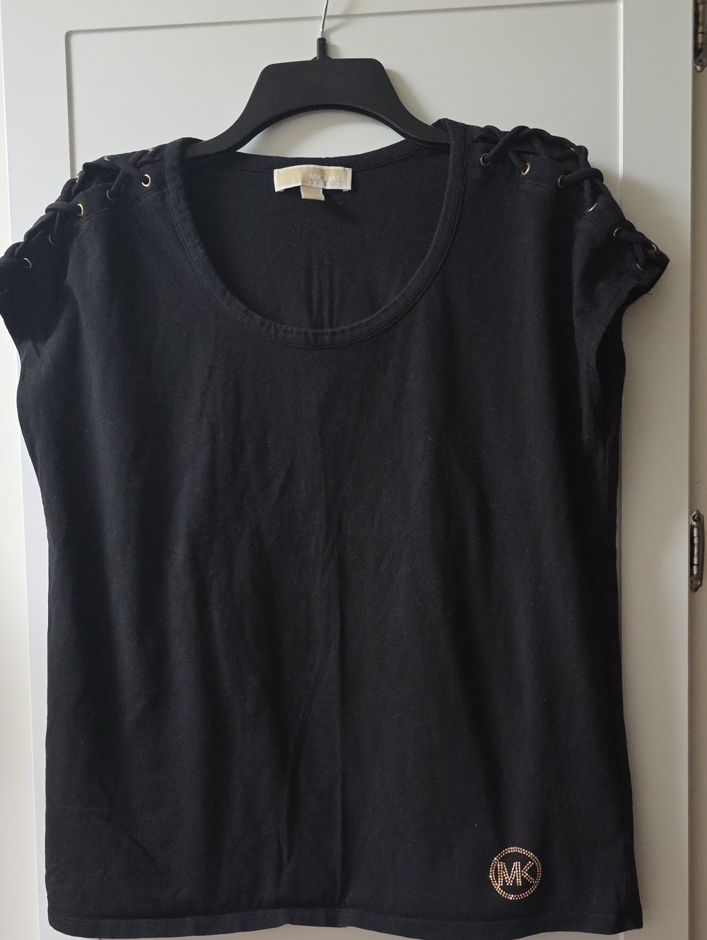 Michael Kors Black Lace-Up Shoulder Tee with Rhinestone Logo Size L